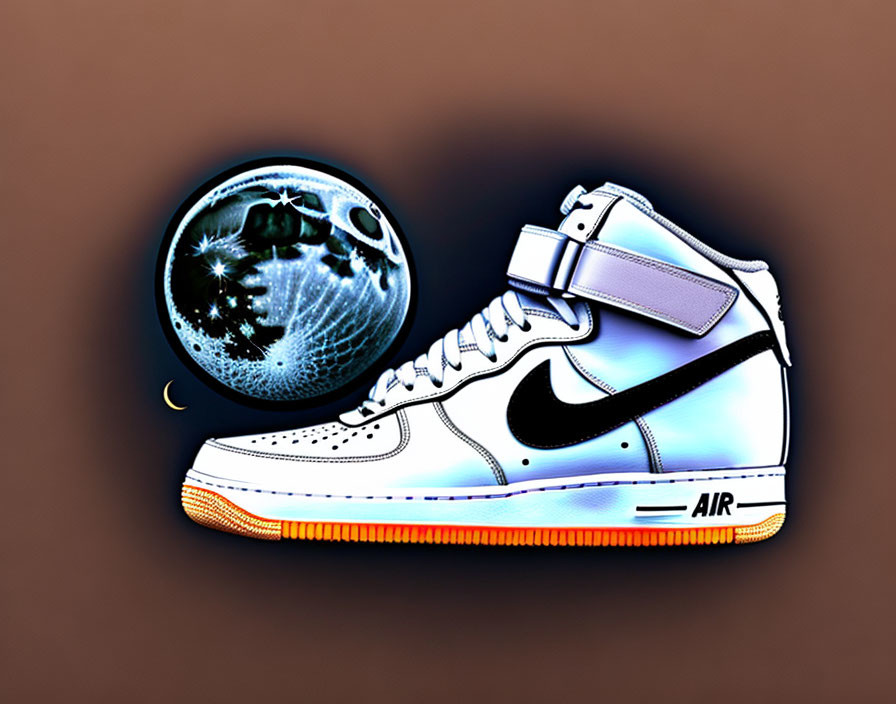 Reflective high-top sneaker illustration near cityscape reflection on stylized sphere against brown backdrop