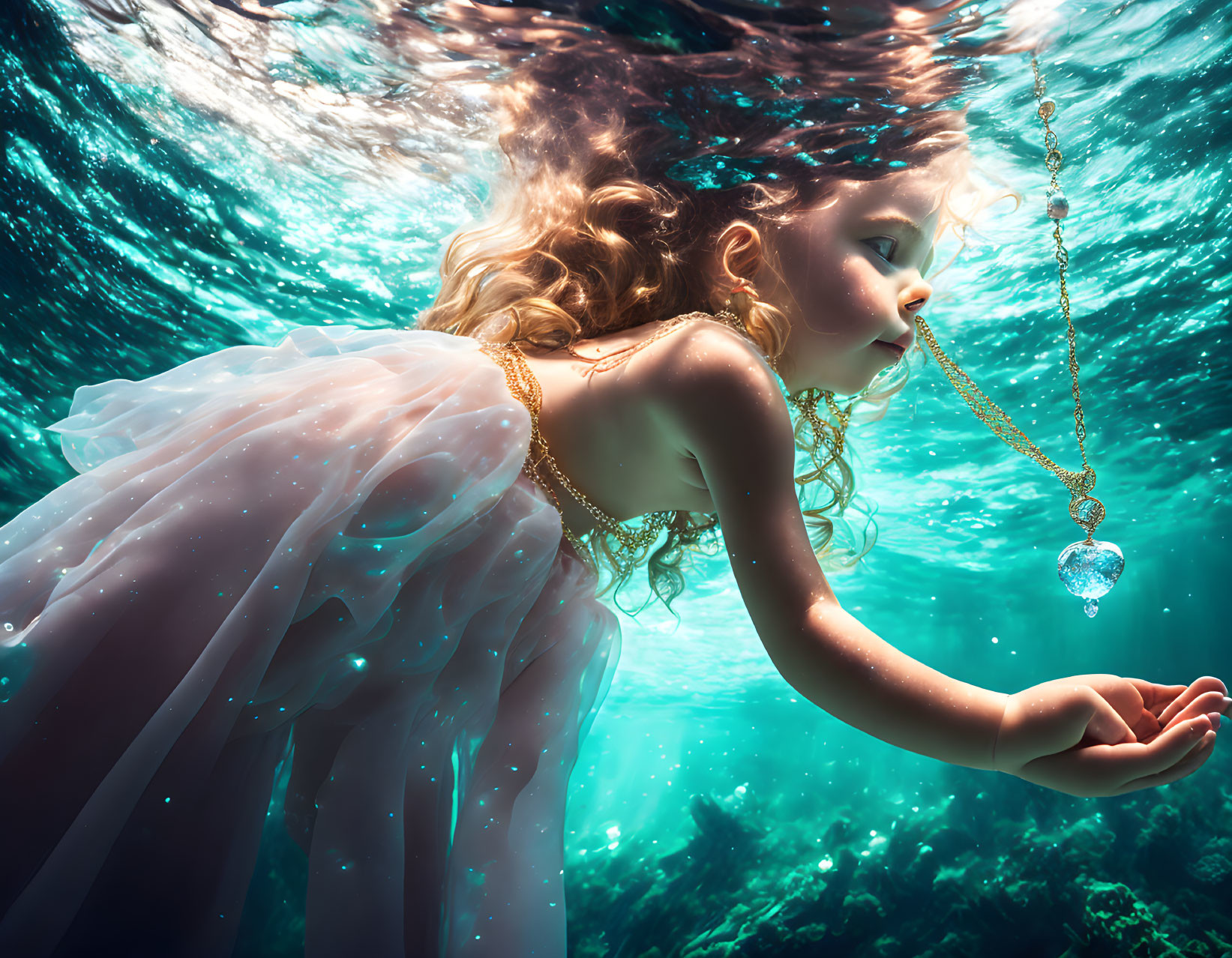 Girl in flowing dress gazes at glowing heart pendant underwater