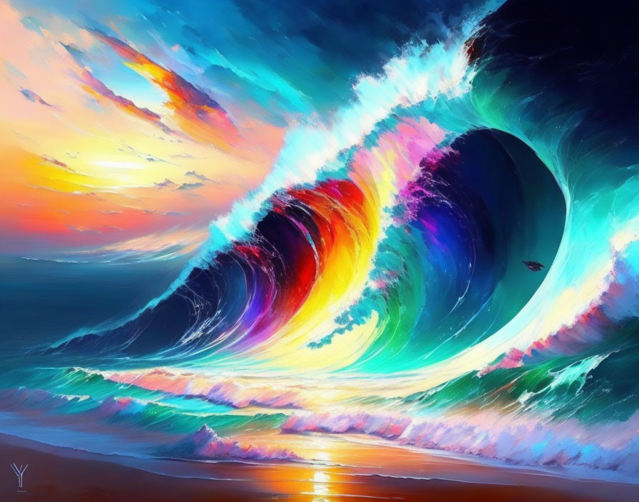 Colorful Surreal Painting: Giant Wave Reflecting Beach