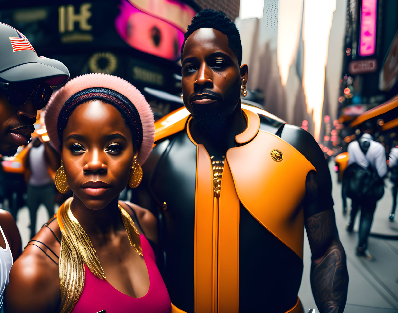 Three people posing confidently on a city street with neon signs and blurred pedestrians.