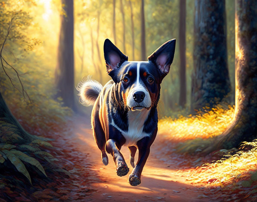 Perked ear dog running on sunlit forest path