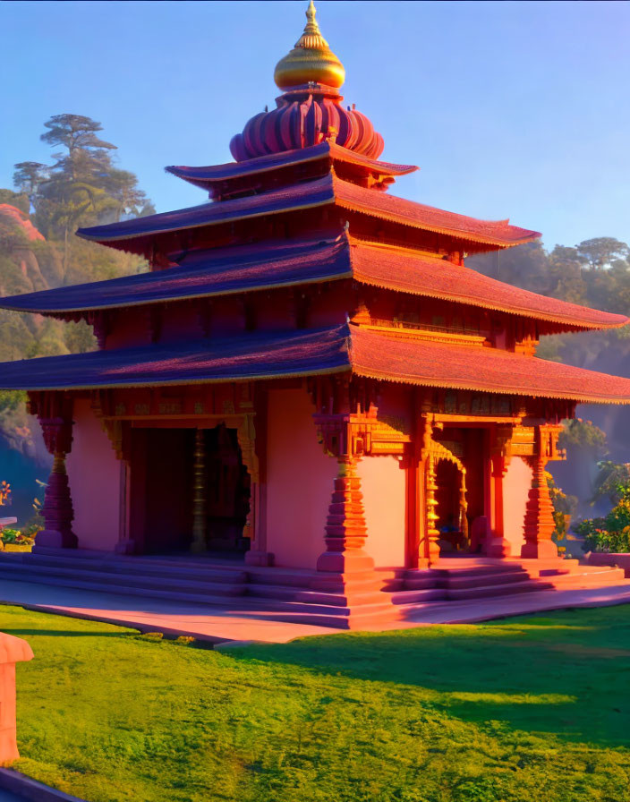 Red multi-tiered temple in golden sunlight with greenery and mountains at dusk or dawn