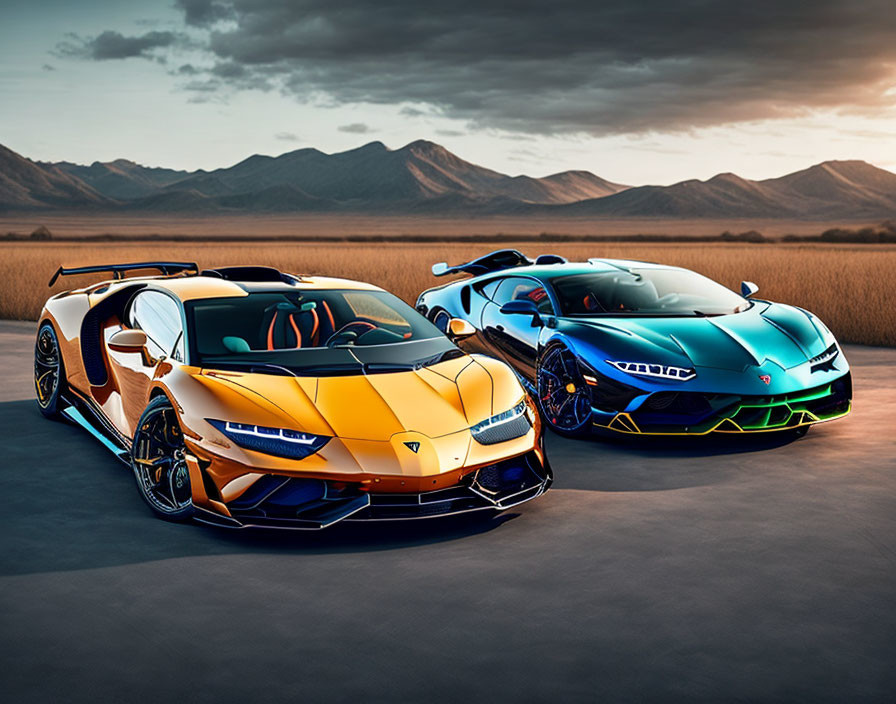 Two Lamborghini Sports Cars Parked with Mountain Twilight Sky