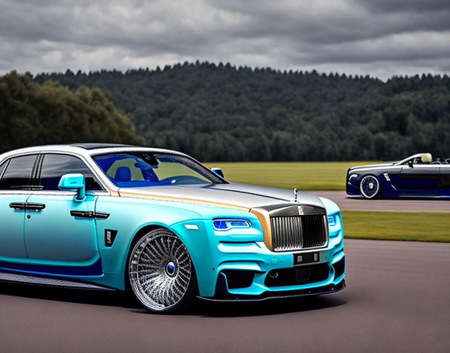 Blue luxury sedan with custom rims and front grille parked on an airstrip.