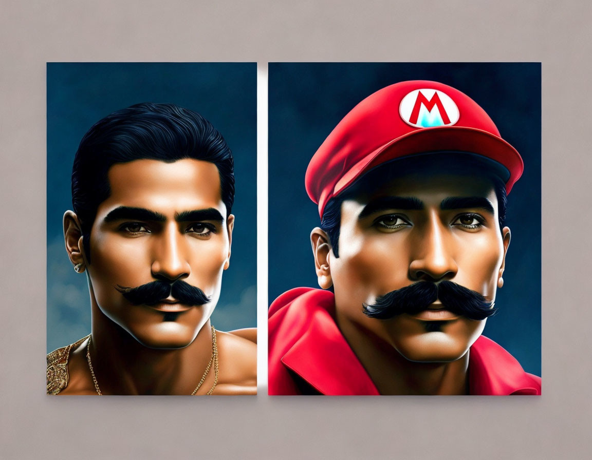 Man with mustache in casual and Super Mario outfits side by side