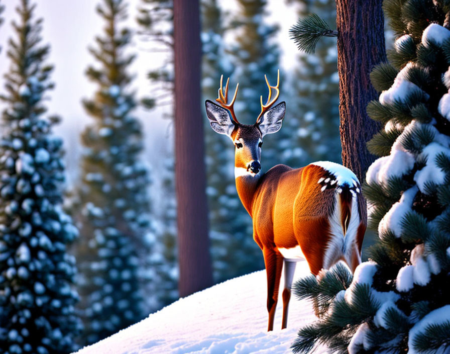 Majestic deer with antlers in snowy forest among pine trees