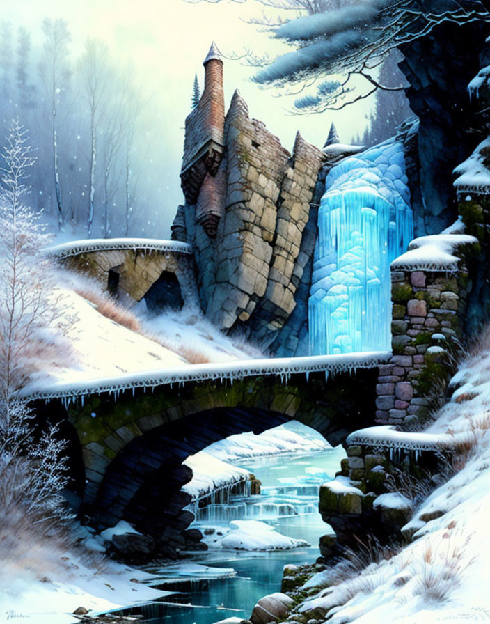 Winter landscape with stone bridge, frozen river, icy waterfall, whimsical tower, and snow-covered trees