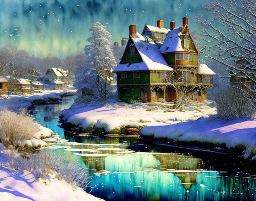 Snow-covered houses with twinkling lights by frozen river in serene winter scene