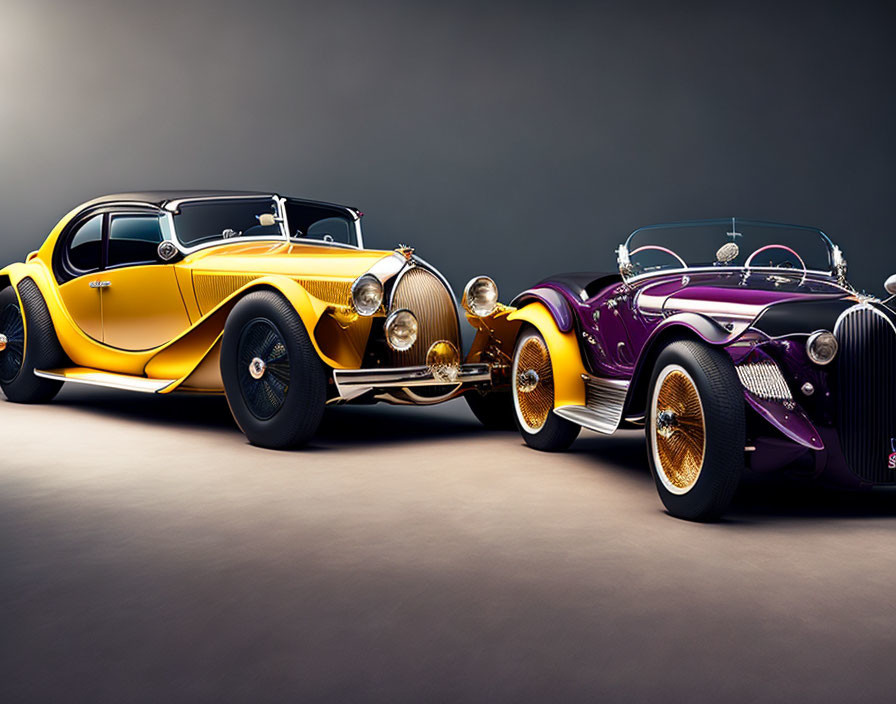 Vintage Yellow and Purple Cars with Elegant Designs on Dark Background