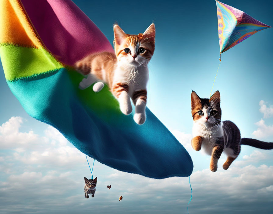 Three kittens playing with colorful kites in the sky