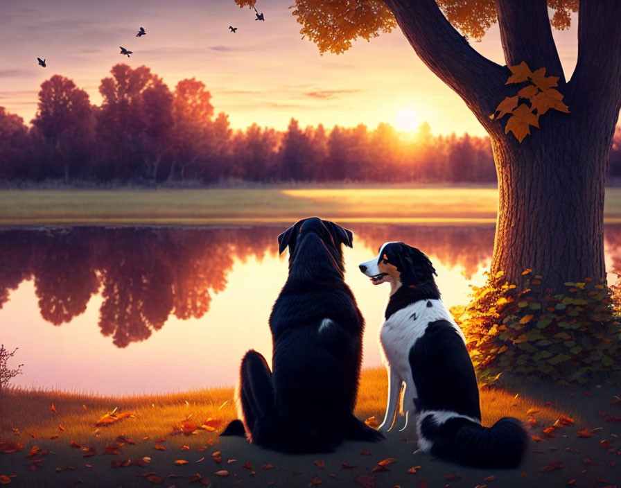 Autumn sunset scene: Two dogs by lakeside with flying birds and orange sky reflected in water