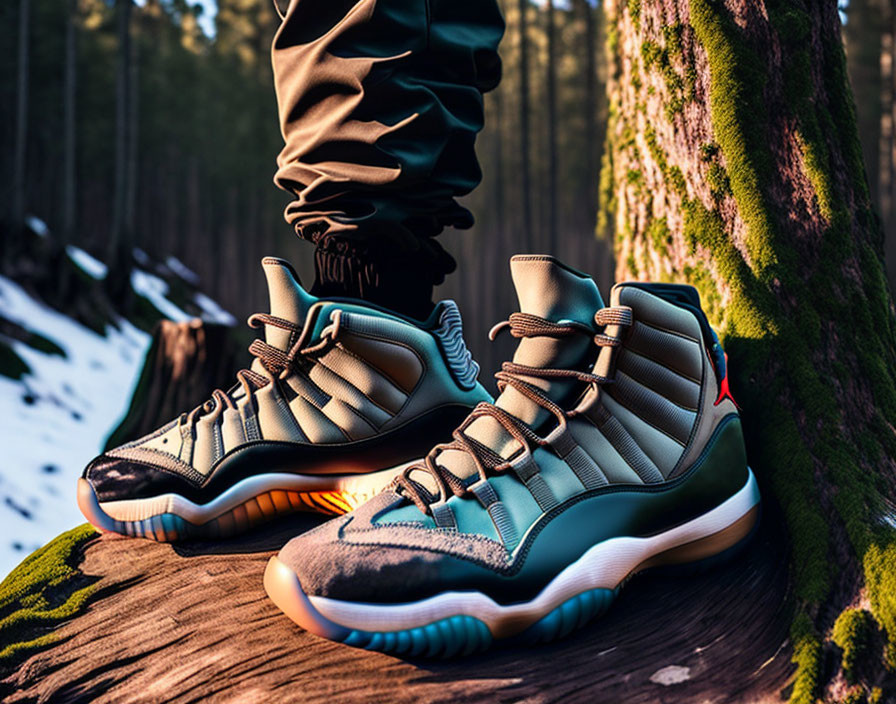 Colorful Sneakers Resting on Tree Trunk in Forest