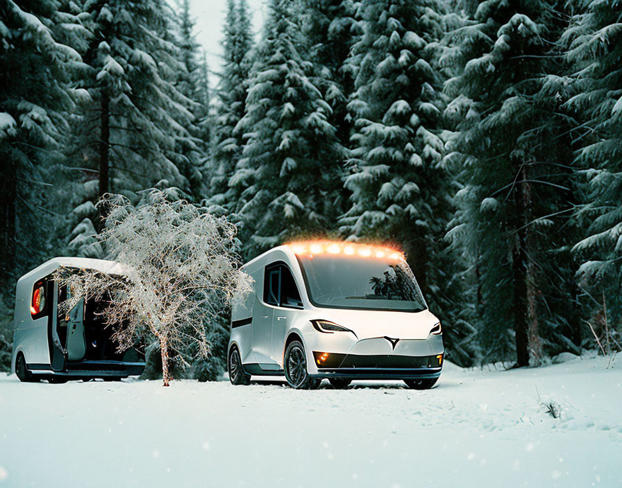 Van with small trailer parked in snowy forest with pine trees and bare tree, roof lights on