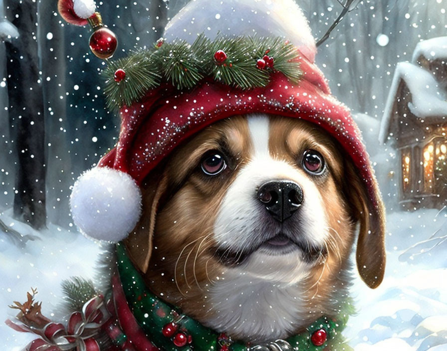 Festive dog in Santa hat and scarf against snowy background