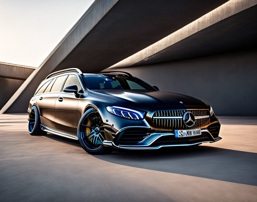 Luxury black wagon with blue-rimmed wheels and Mercedes-Benz emblem parked under a bridge