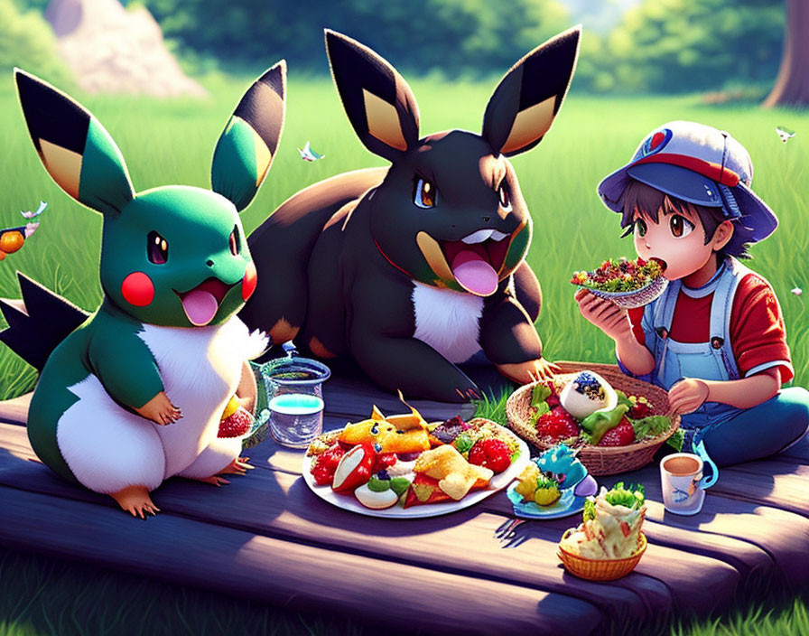 Child and Pokémon-like creatures picnic in sunny field