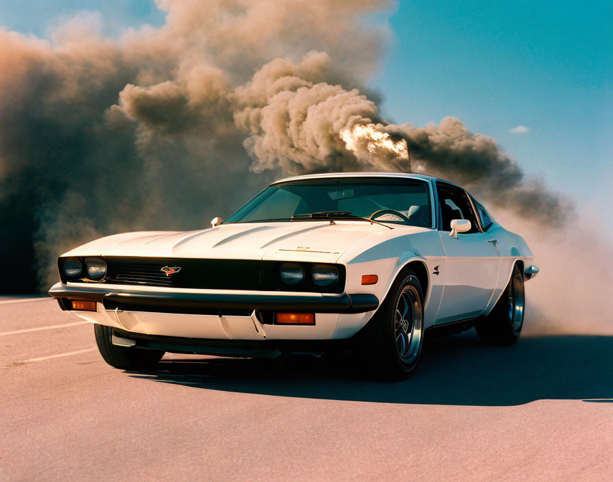 Vintage White Muscle Car with Racing Stripes Speeds on Road