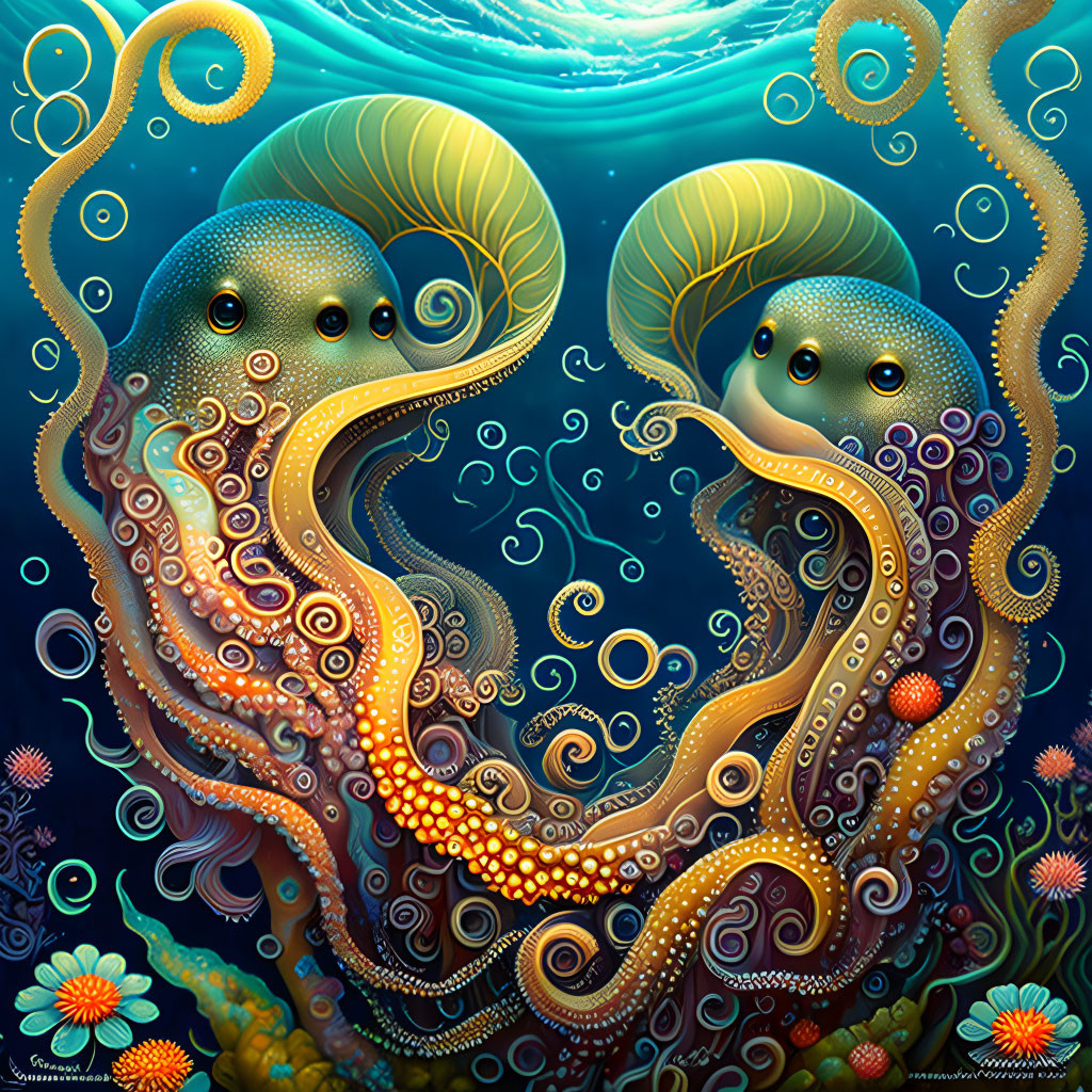 Vibrant Octopus Artwork with Intricate Patterns and Underwater Flora