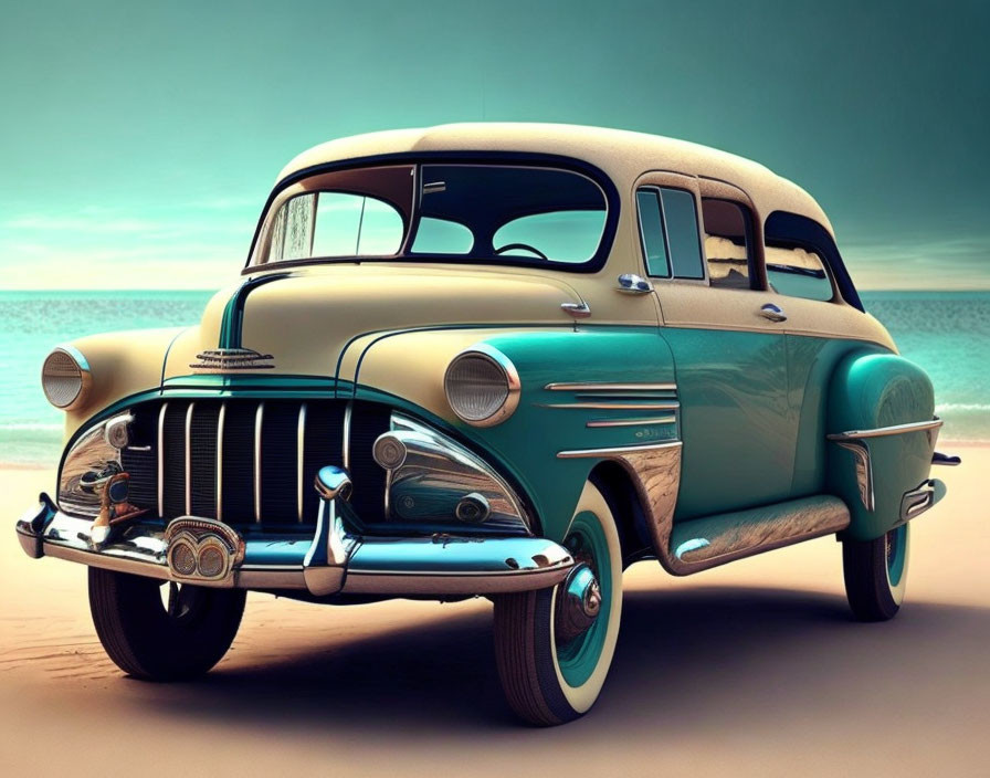 Classic Car Parked on Sandy Beach with Turquoise Sea and Clear Sky