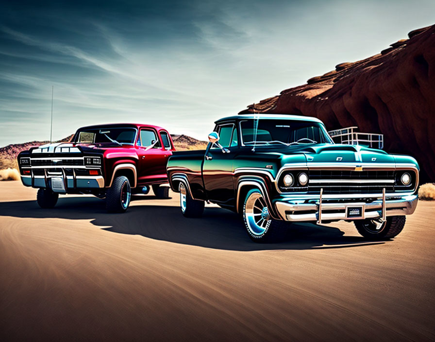 Vintage-Style Pickup Trucks: Red and Blue on Desert Road