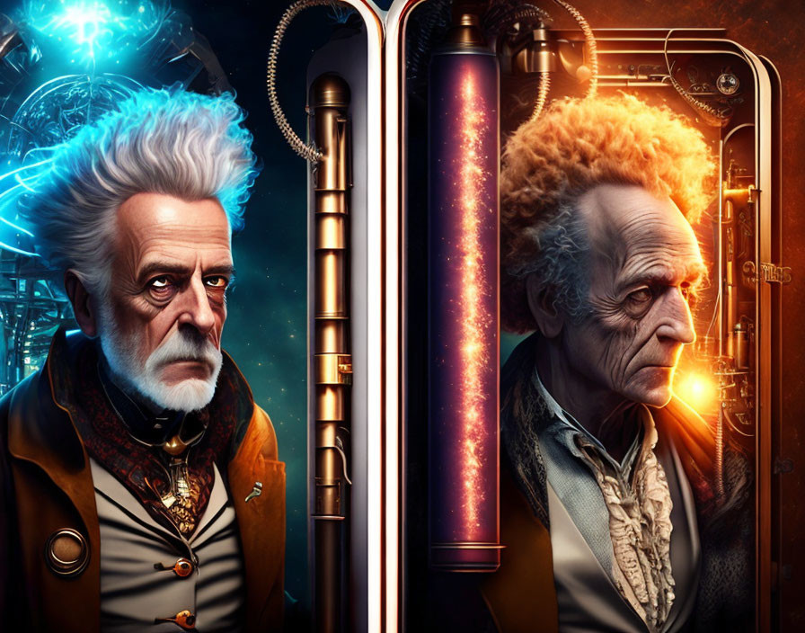 Stylized animated older male characters with wild hair and colored energy separated by glowing tube