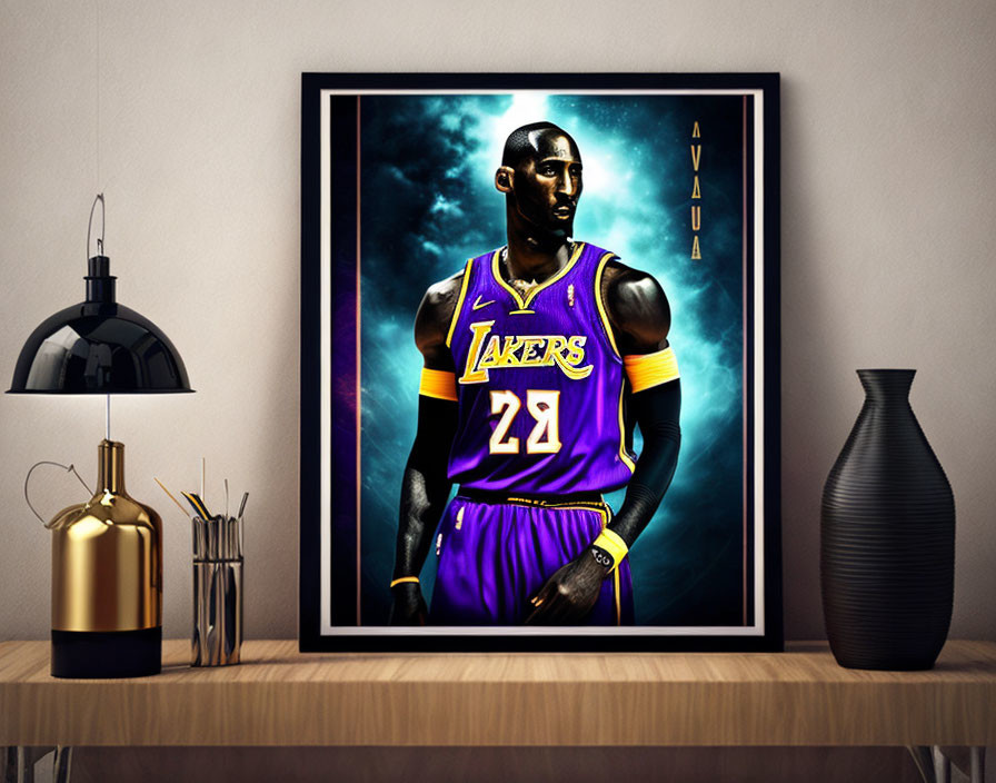 Basketball Player Lakers Jersey Poster with Sideboard Decor