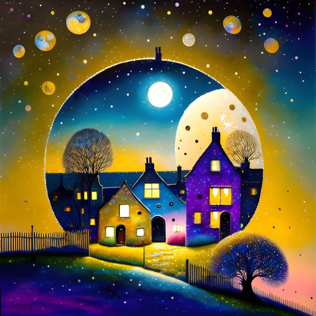 Colorful houses, moon, stars in whimsical night scene