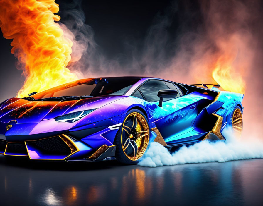 Blue Lamborghini with Gold Rims Emitting Flames and Smoke