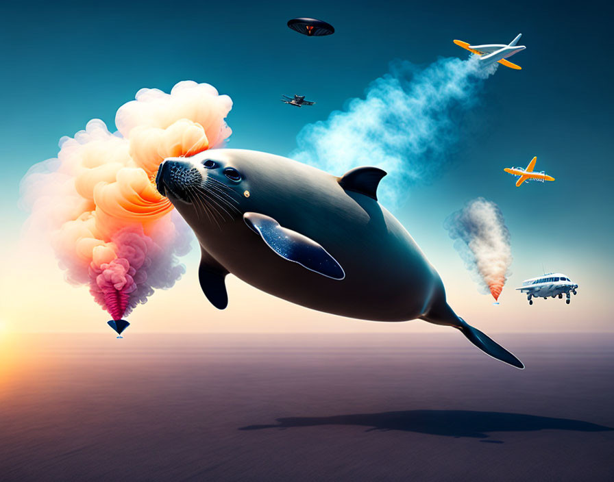 Flying seal, colorful smoke, planes, dirigible, submarine in surreal dusk sky