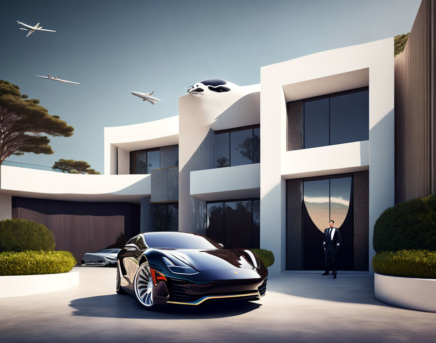 Luxury House with Car, Chauffeur, and Planes in Clear Blue Sky