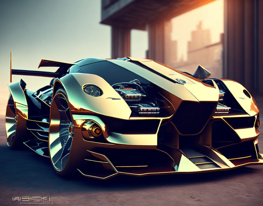 Angular Black and Gold Sports Car with Futuristic Design parked under Warm Light