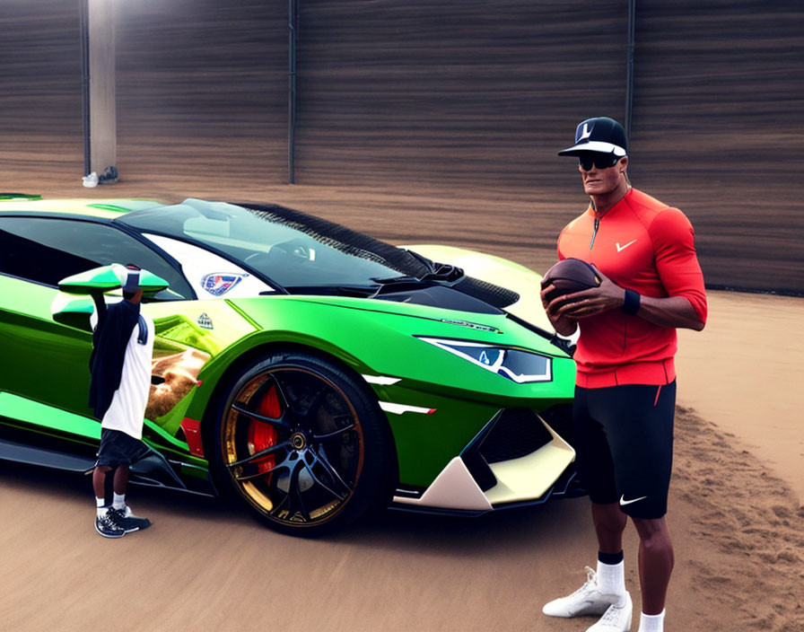 Muscular person in athletic wear with child holding basketballs beside green sports car