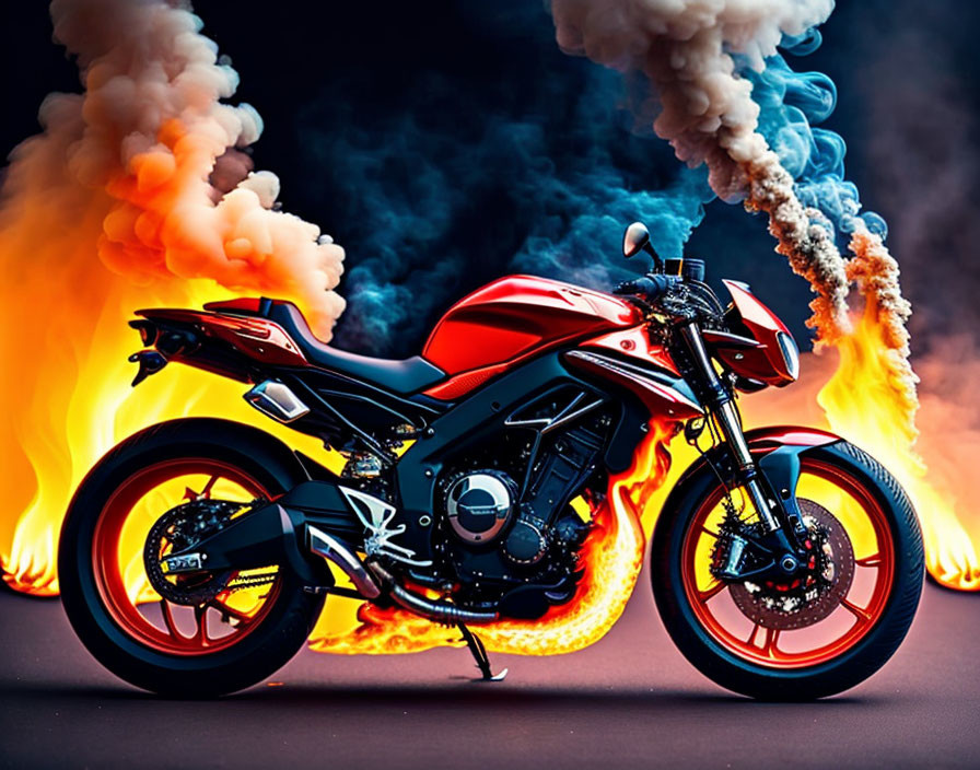 Red and Black Motorcycle with Smoke Trails and Flames for a Dramatic Scene