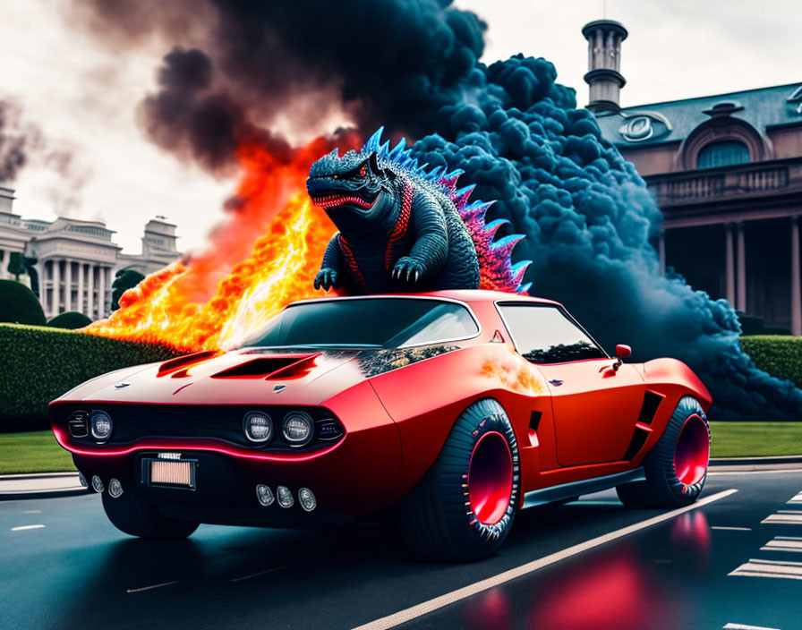 Red sports car with glowing wheels and Godzilla-like creature breathing fire near grand building