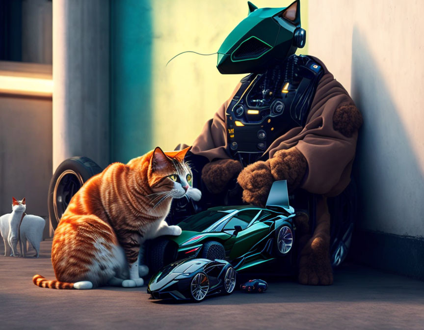 Futuristic robot with cat-like head controls miniature green sports car in alley with two real cats observing