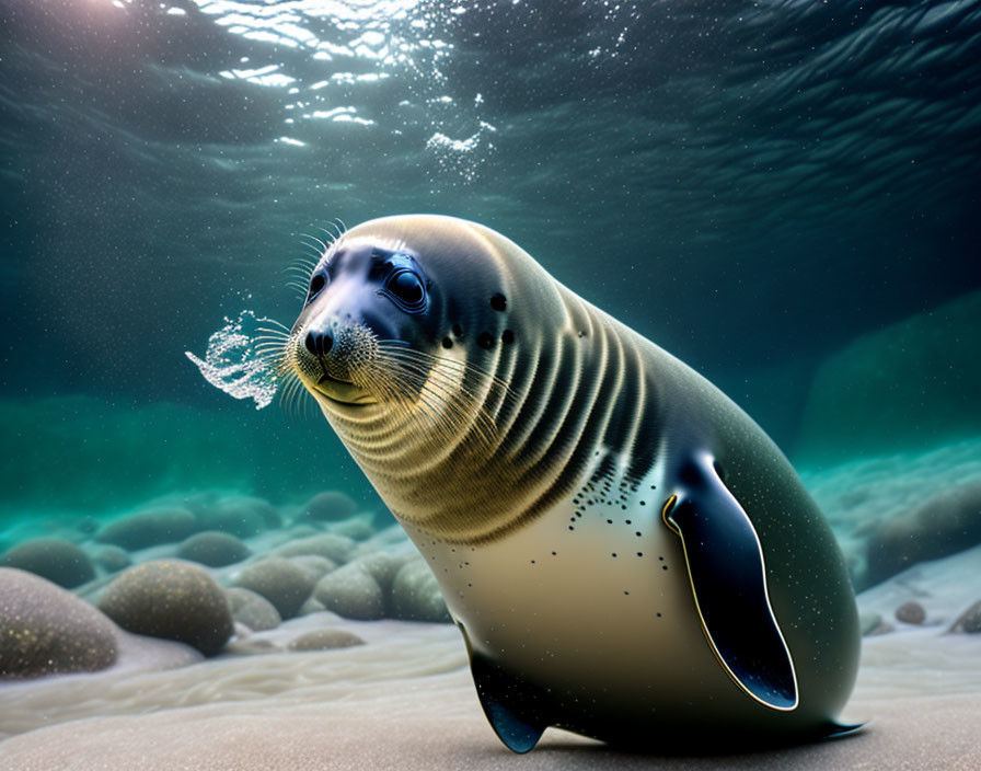 Sleek fur seal on rocky underwater bed with bubbles and light rays