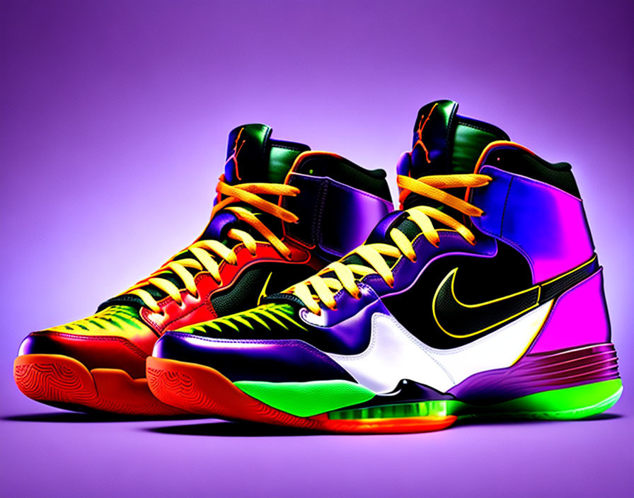 Colorful High-Top Sneakers: Purple to Green Gradient, Orange Laces