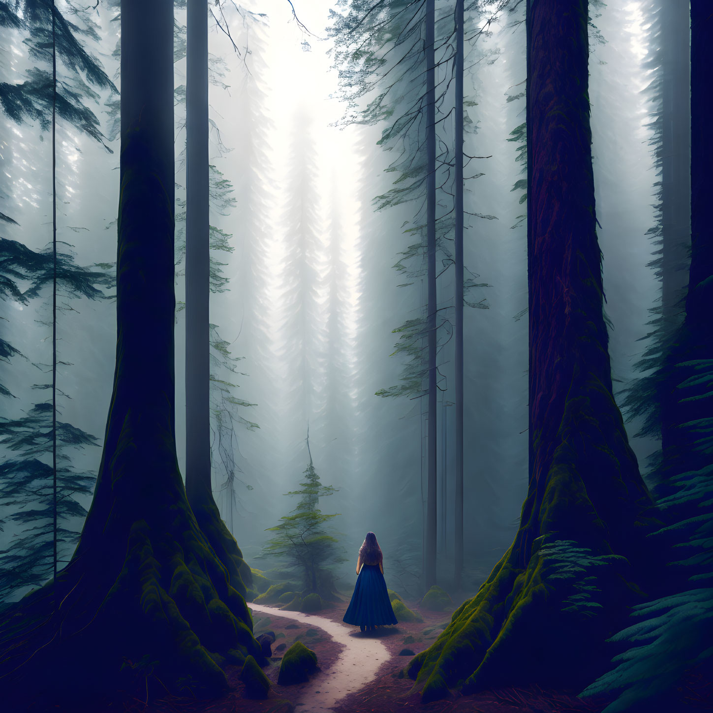 Person in Blue Cloak Standing on Forest Path Among Misty Trees