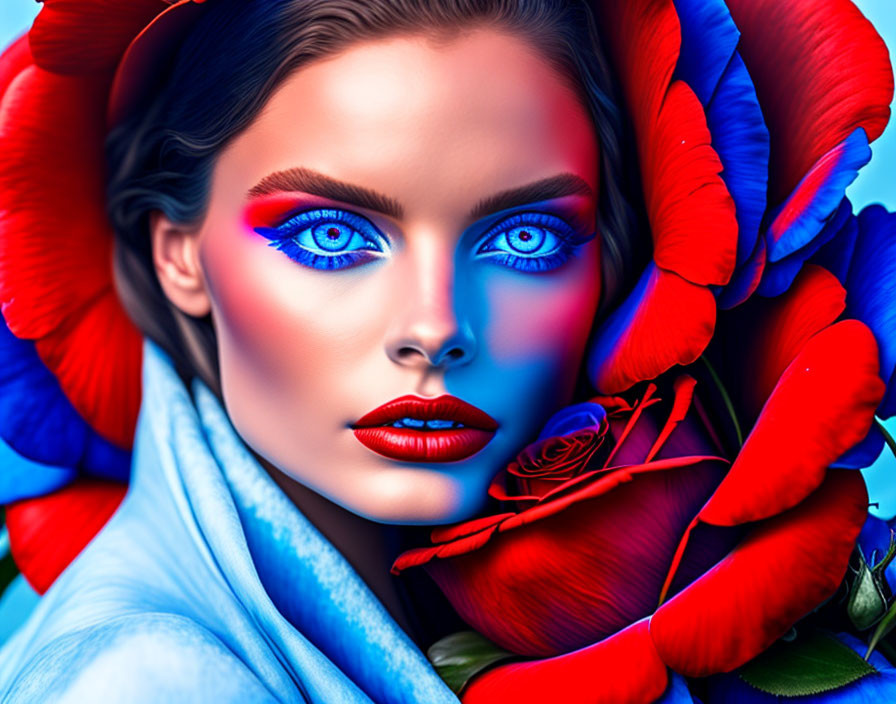 Colorful portrait of woman with blue eyes, red and blue petals, red rose, blue and red