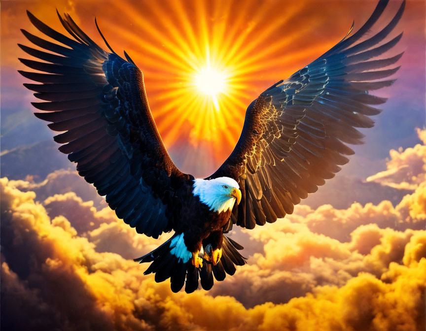 Majestic eagle flying under radiant sun and golden clouds