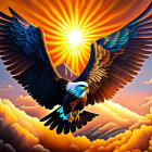 Majestic eagle flying under radiant sun and golden clouds