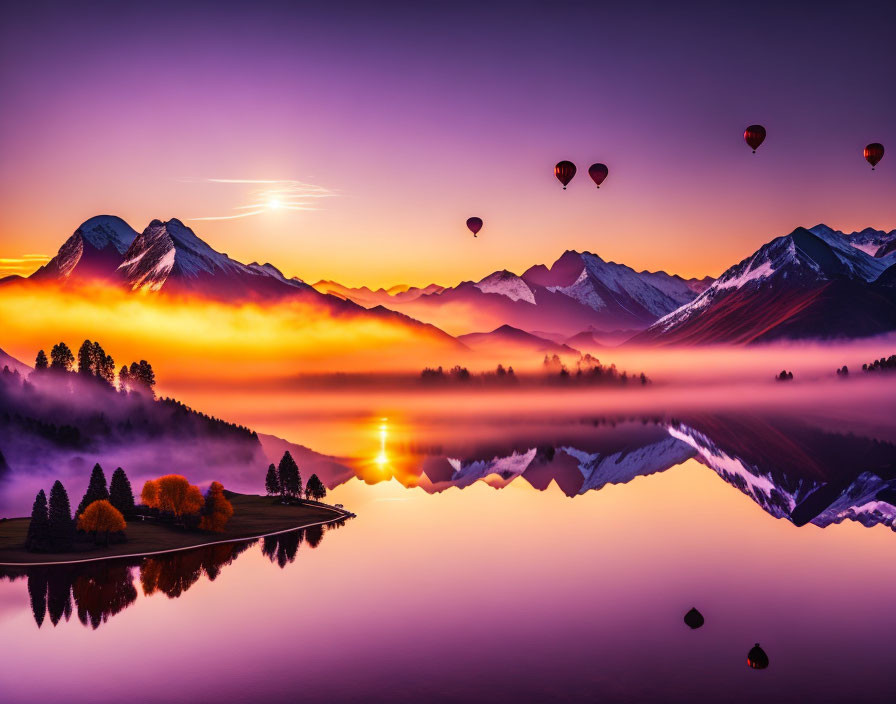 Tranquil lake sunrise with hot air balloons, mountains, and trees