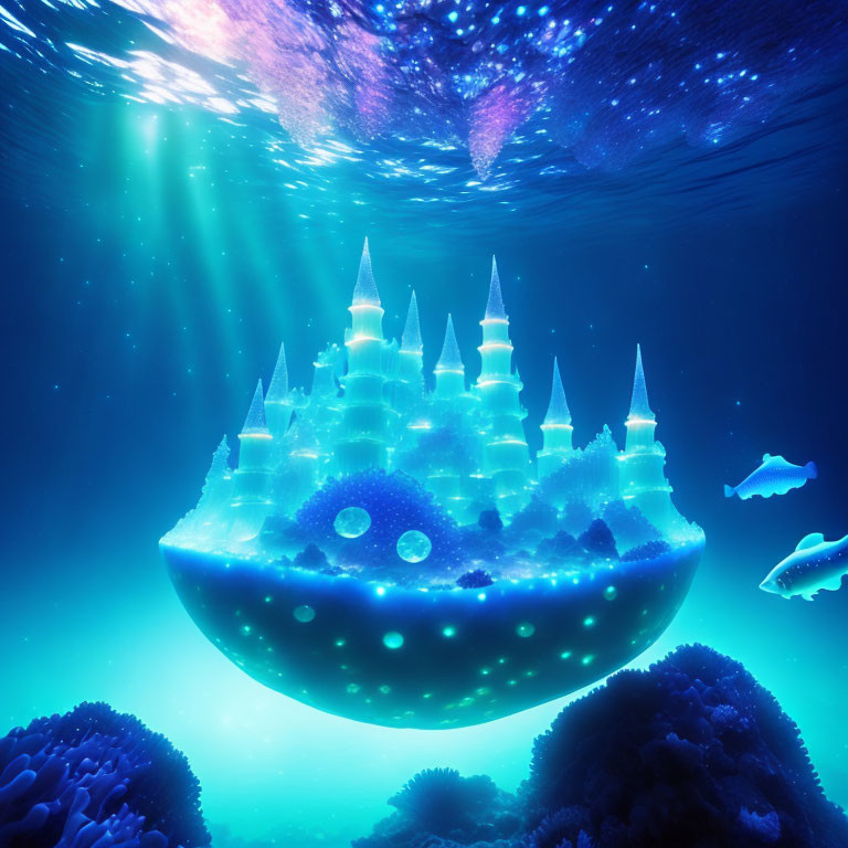 Glowing castle above coral in underwater scene