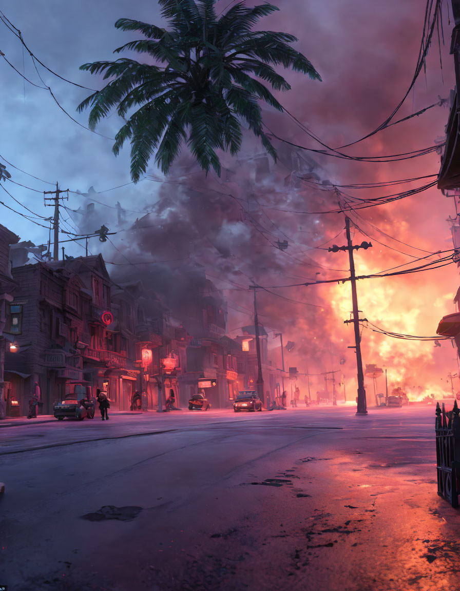 Urban street twilight scene with dramatic explosion and fire in background.