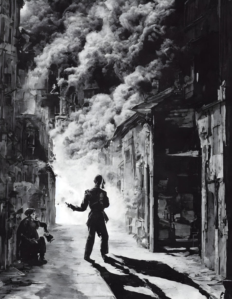 Monochrome artwork of soldier in war-torn city