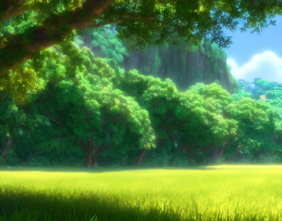 Tranquil sunlit glade with lush green trees and vibrant meadow