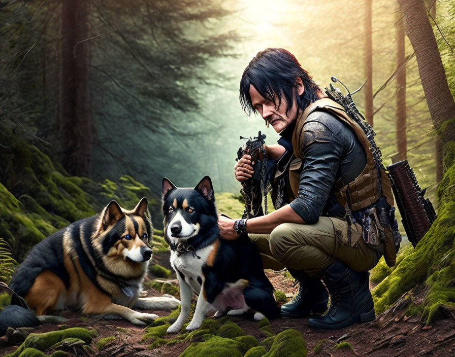 Man with Crossbow and Husky Dogs in Forest with Sun Rays