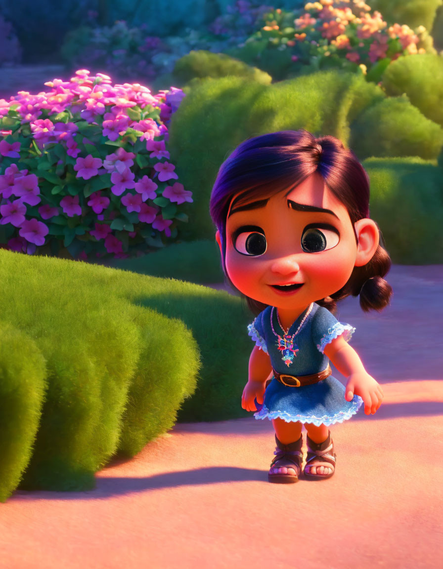 Curious animated girl with big brown eyes in blue dress among lush greenery