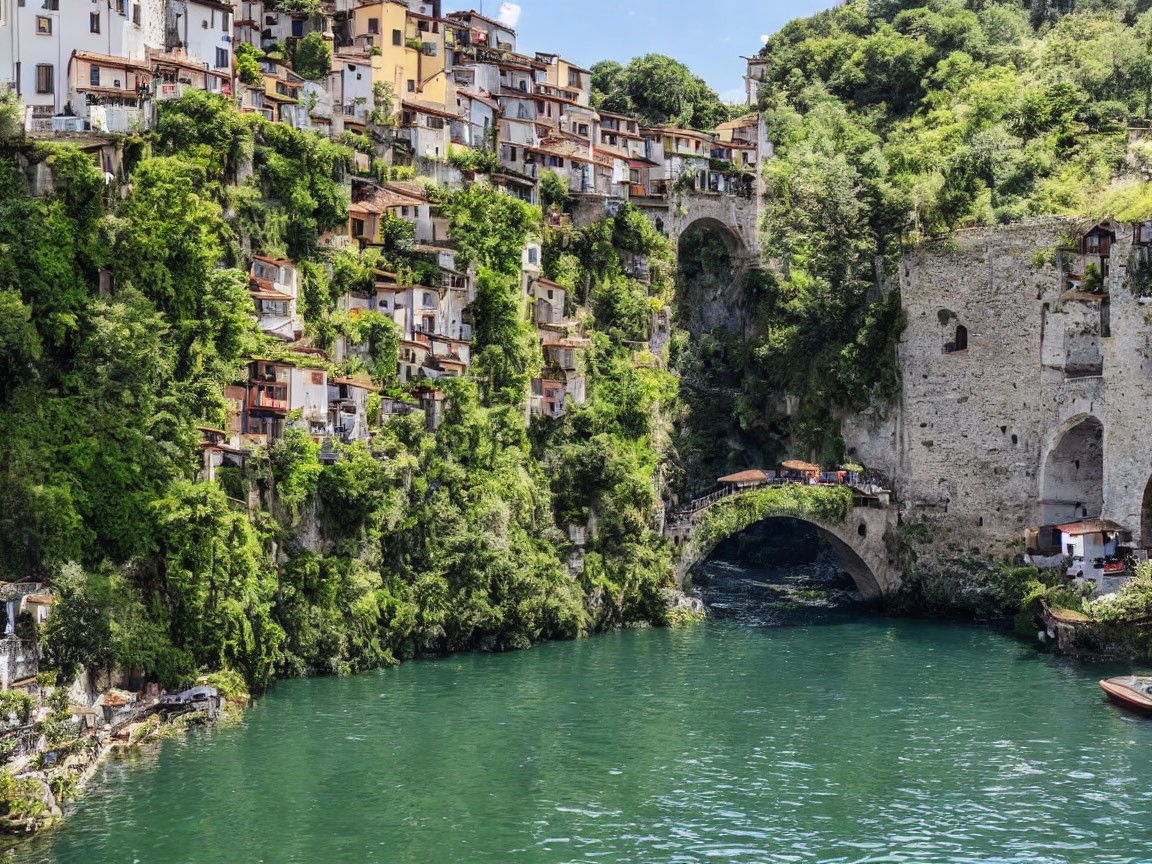 Hillside terraced houses and old stone bridge over green river