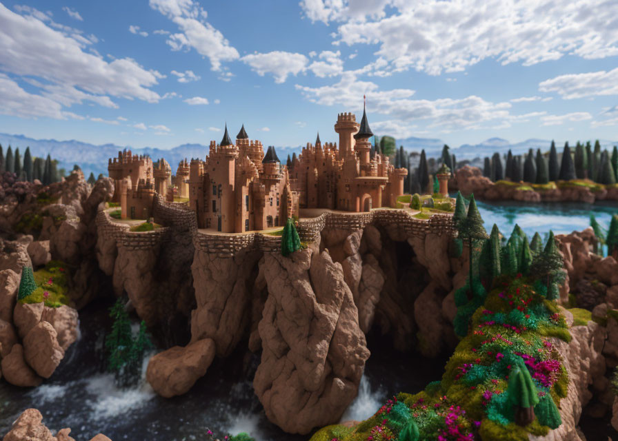 Detailed miniature castle in rocky terrain with trees, rivers, blue skies.